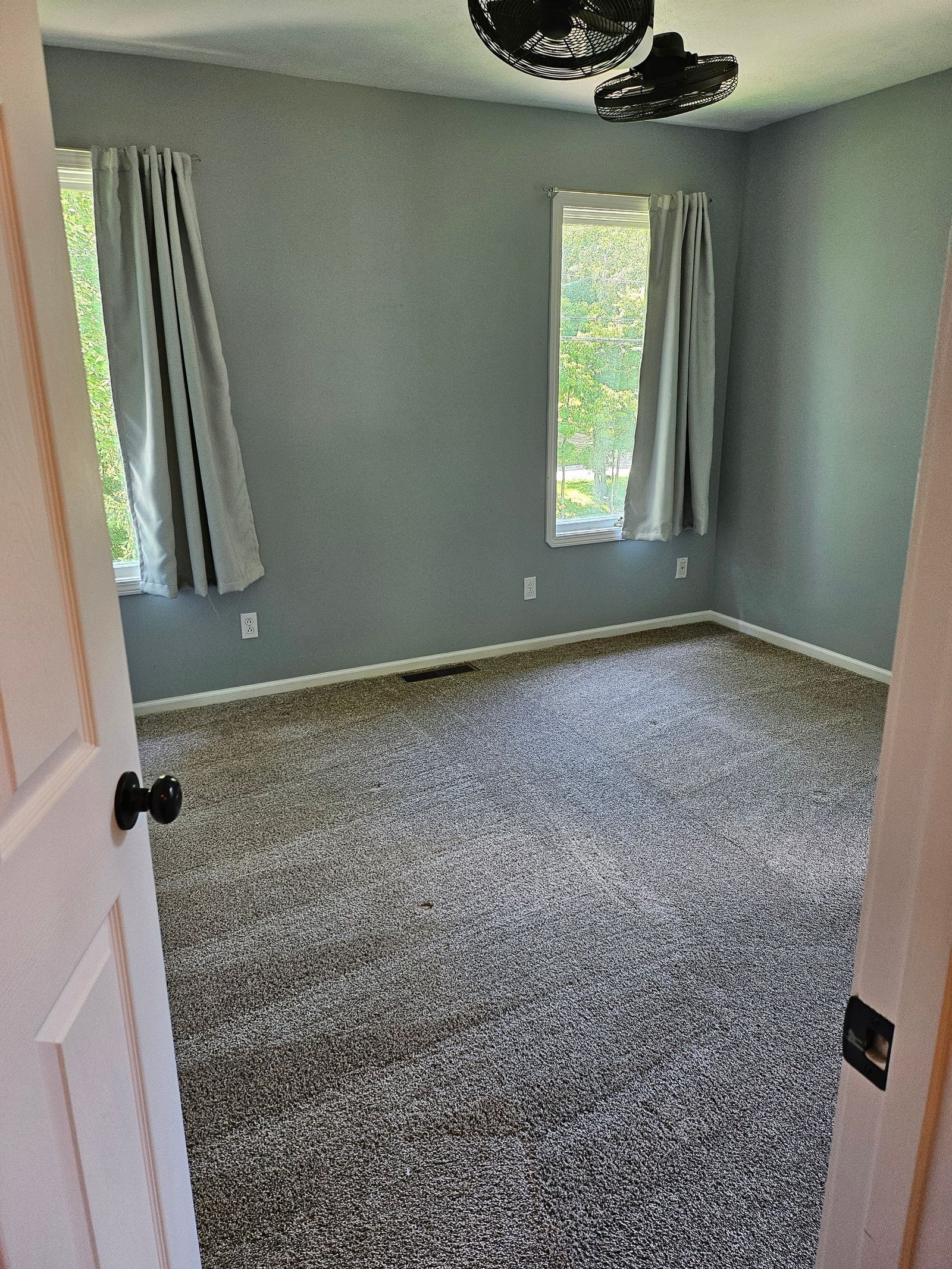 An empty bedroom with a carpeted floor and two windows.