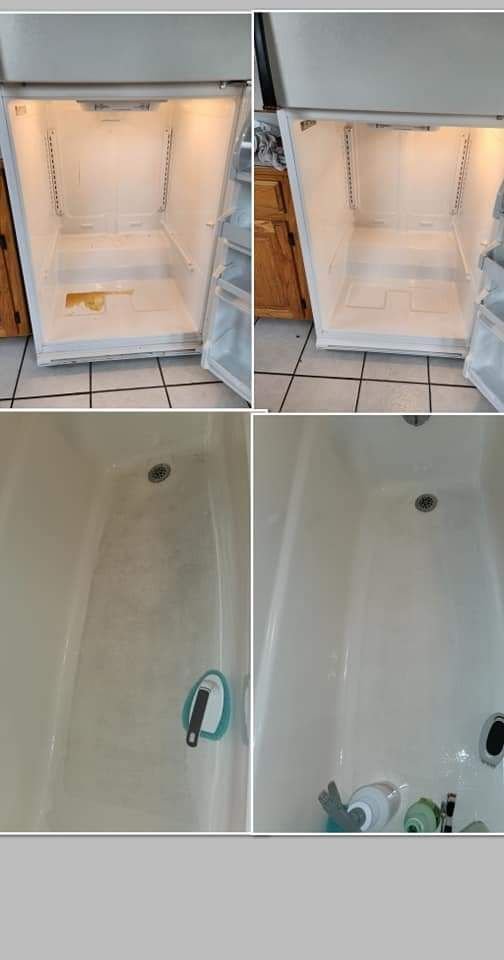 A before and after picture of a refrigerator and a bathtub.