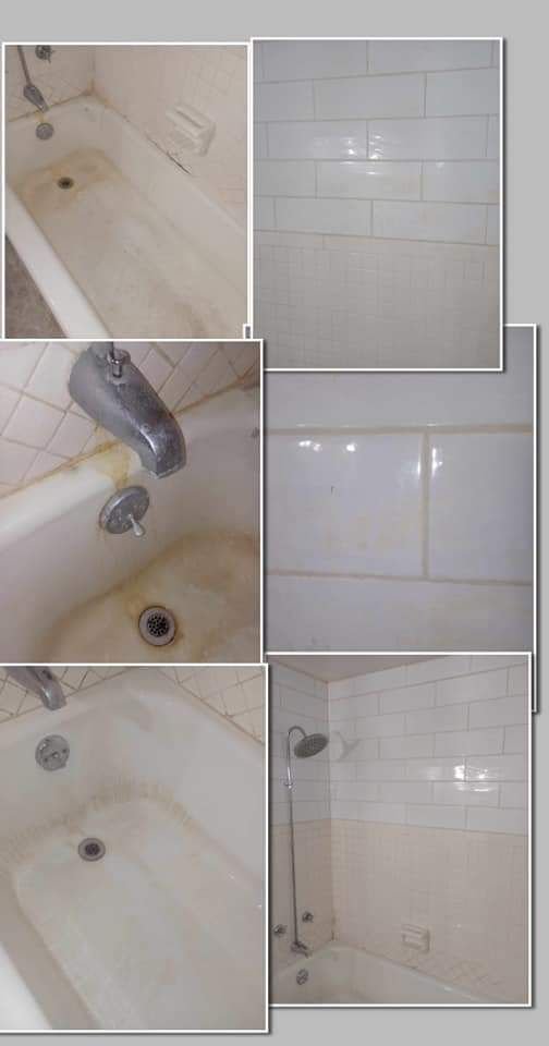 A collage of pictures of a bathtub and shower.