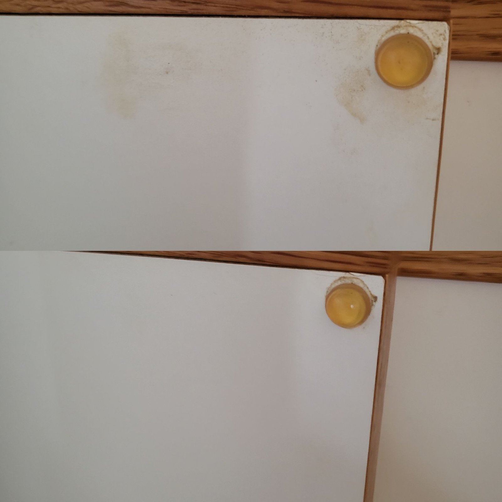 Two pictures of a white cabinet with yellow knobs.