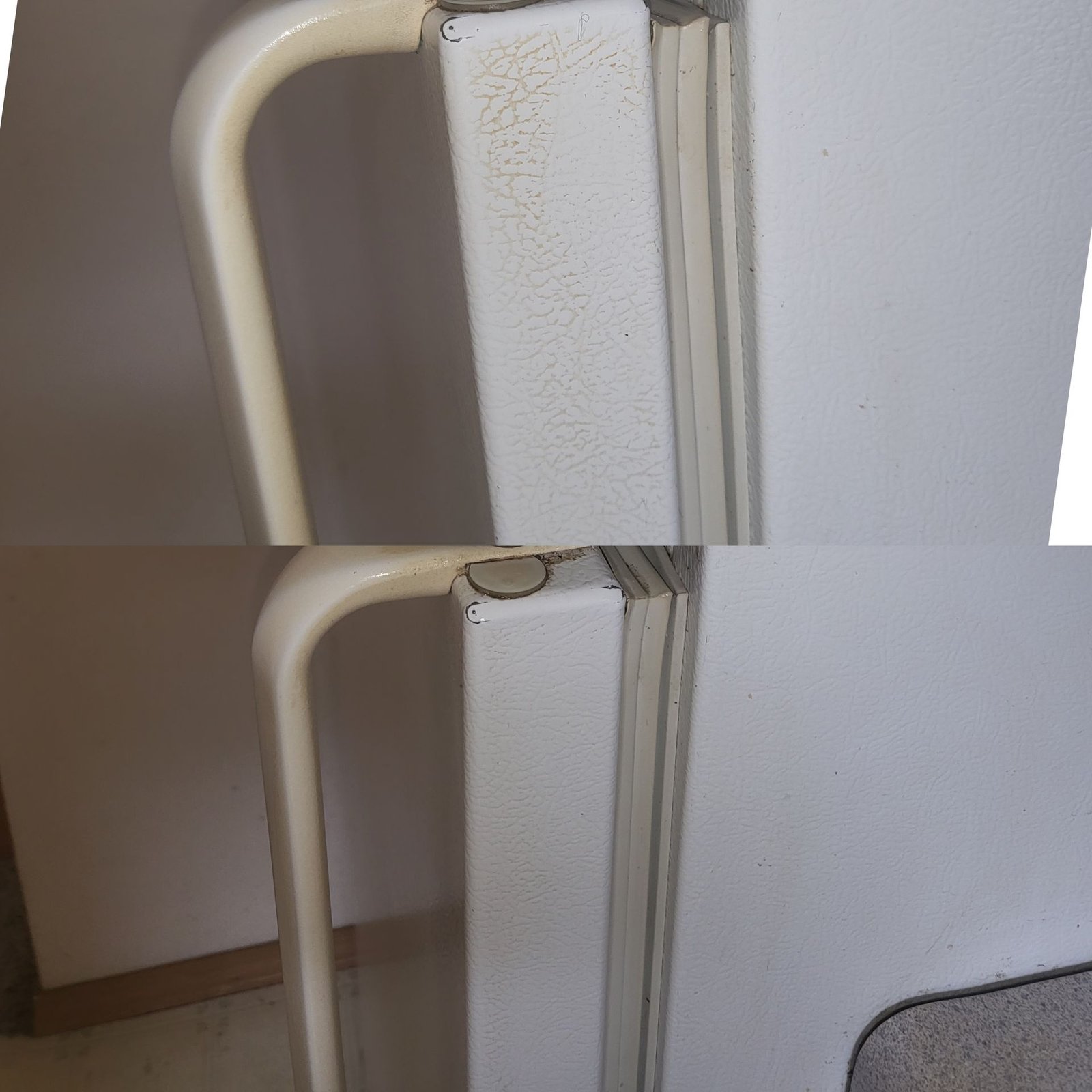 A before and after picture of a refrigerator door.