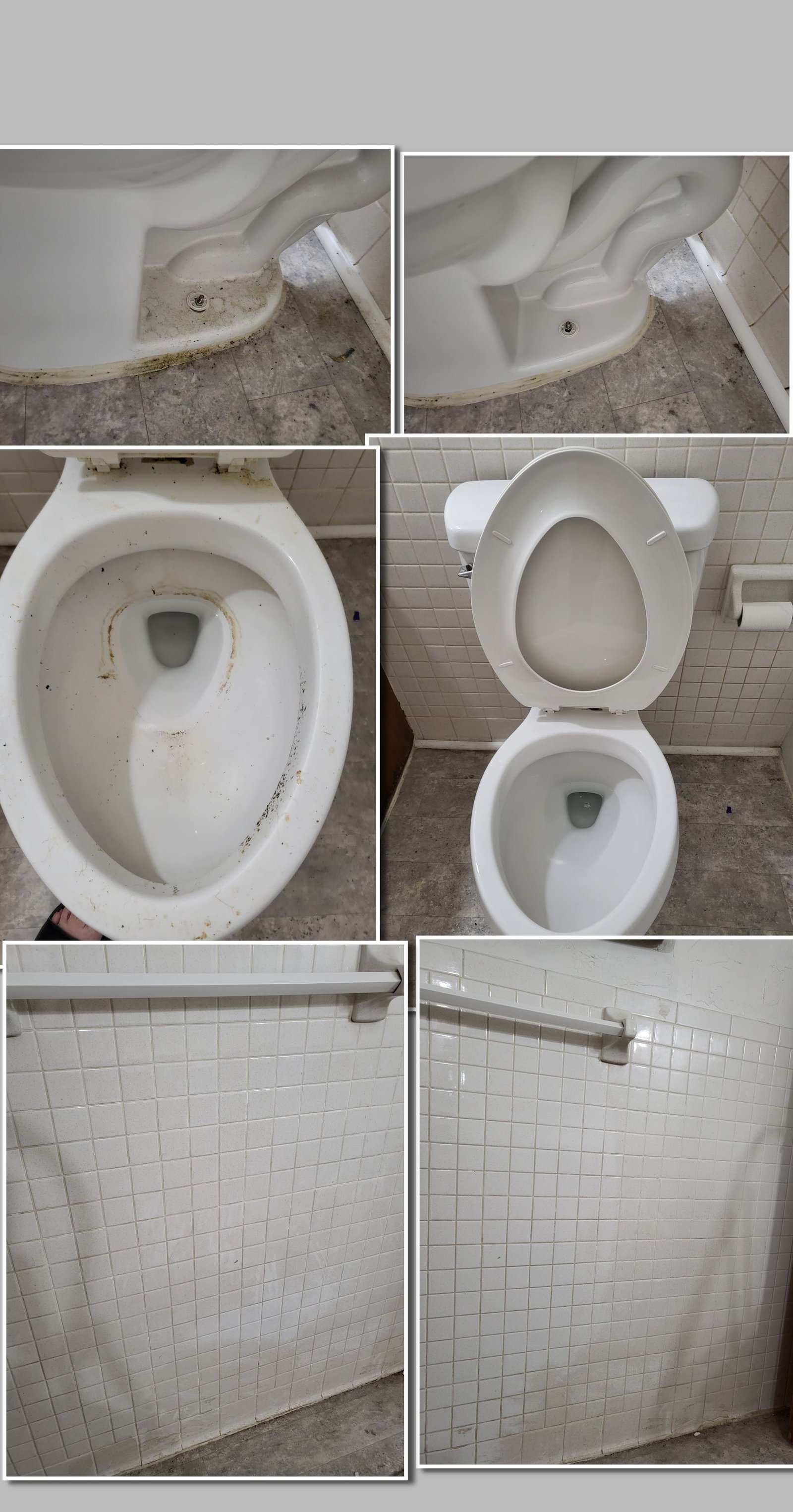 A collage of pictures of a toilet and a shower.